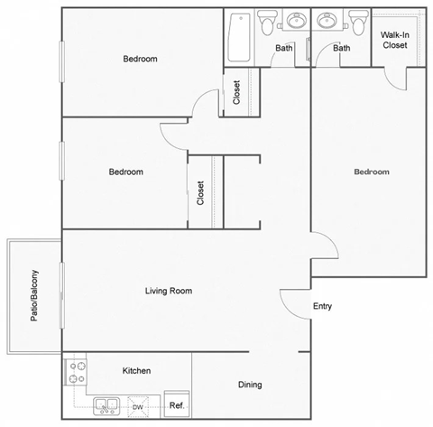 A floor plan of a home with three bedrooms, a living room, a kitchen, a dining area, a bathroom, a walk-in closet, and a patio/balcony.